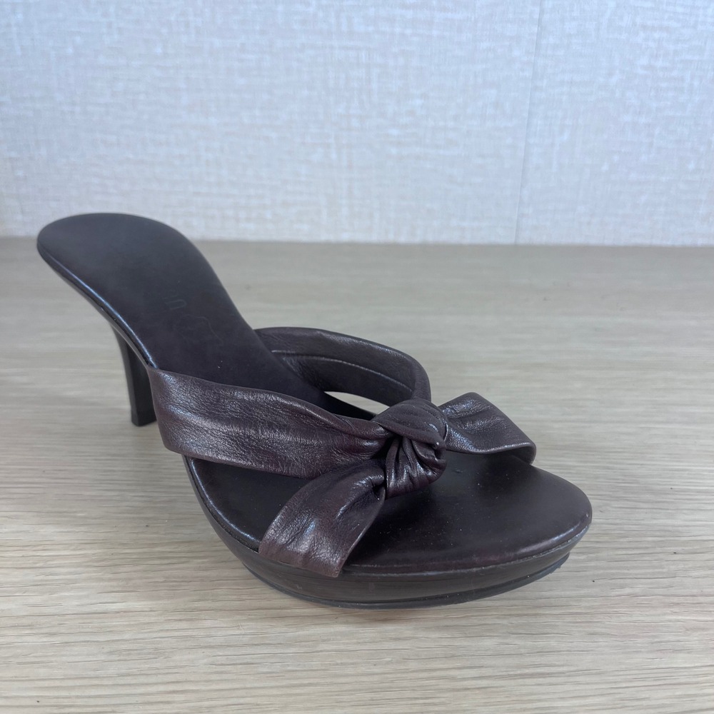 Cathy Jean Brazil Brown Leather Mule Sandals Knot Detail Heels Women's 8